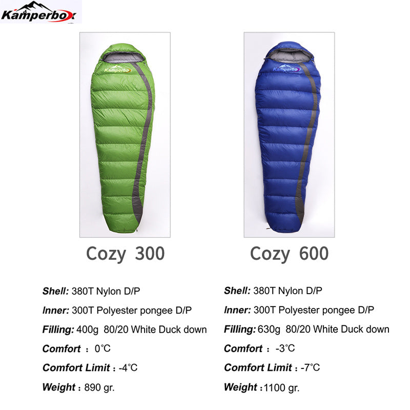 Two sleeping bags, Cozy 300 and Cozy 600, with specifications on a white background.