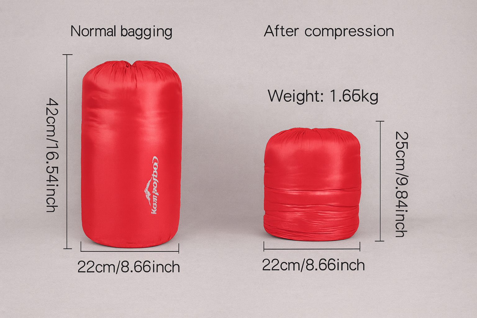 Red compression bag showing normal size and compressed size with weight measurement on a gray background.