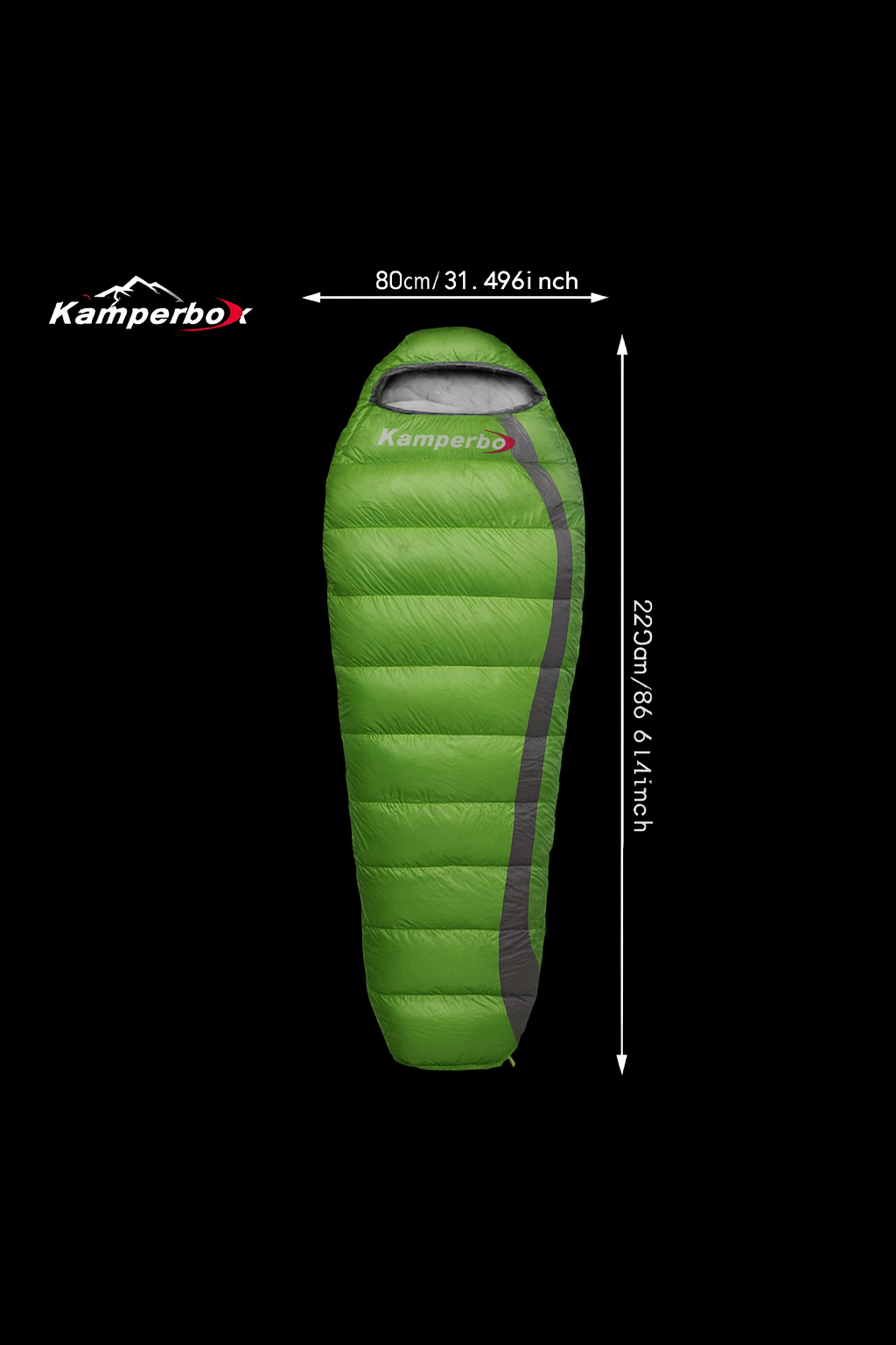 Green sleeping bag with Kamperbox branding and measurements on a black background
