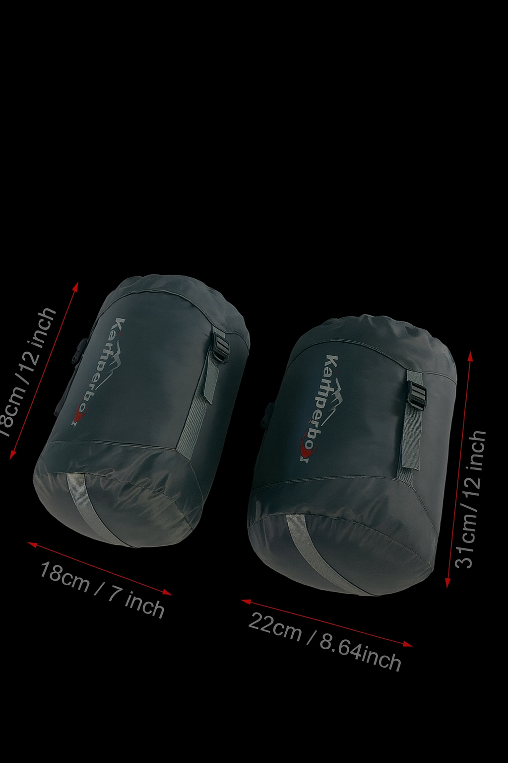 Two Karrimor bags with measurements on a black background