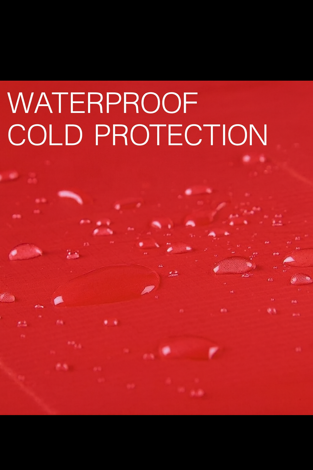 Red surface with water droplets and text 'Waterproof Cold Protection' on a black background