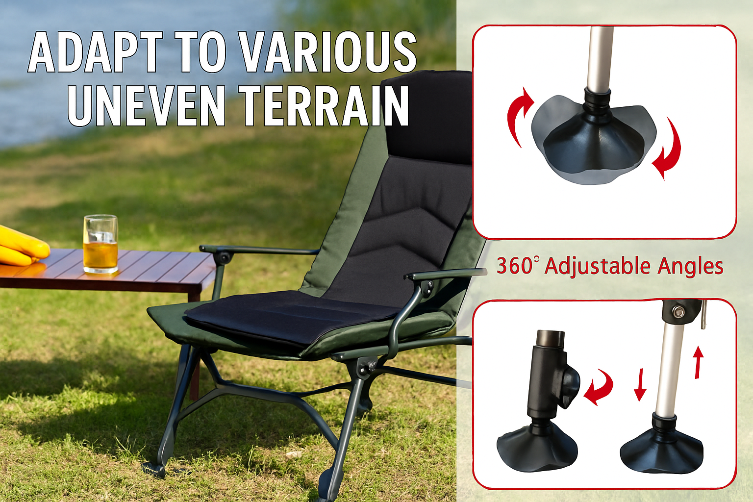 Adjustable camping chair with 360-degree adjustable angles on a grassy outdoor setting.