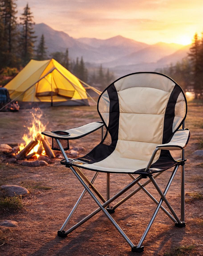 Camping chair in front of a tent and campfire with a scenic mountain backdrop