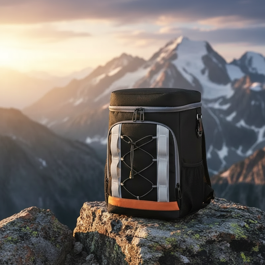 Cooler backpack on mountain peak