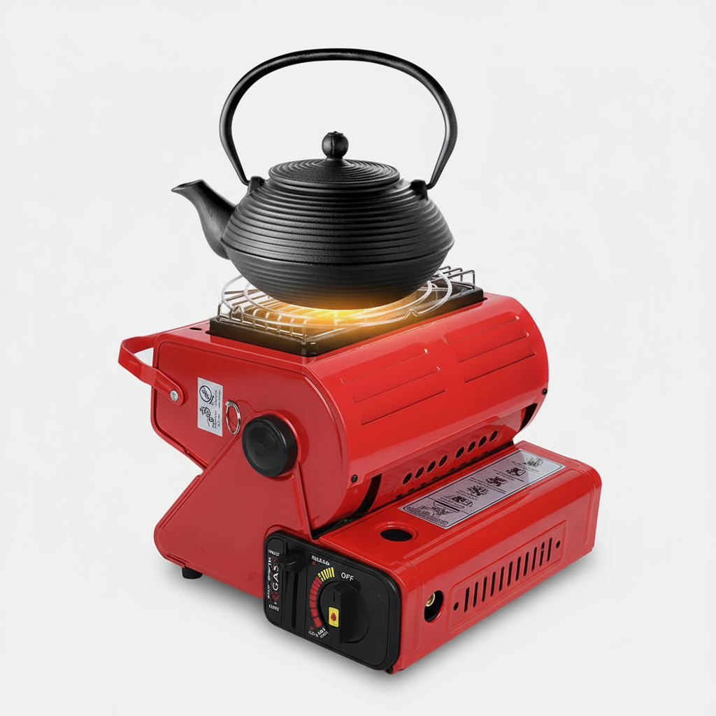 Crveni prenosivi gasni grejač i rešo sa čajnikom