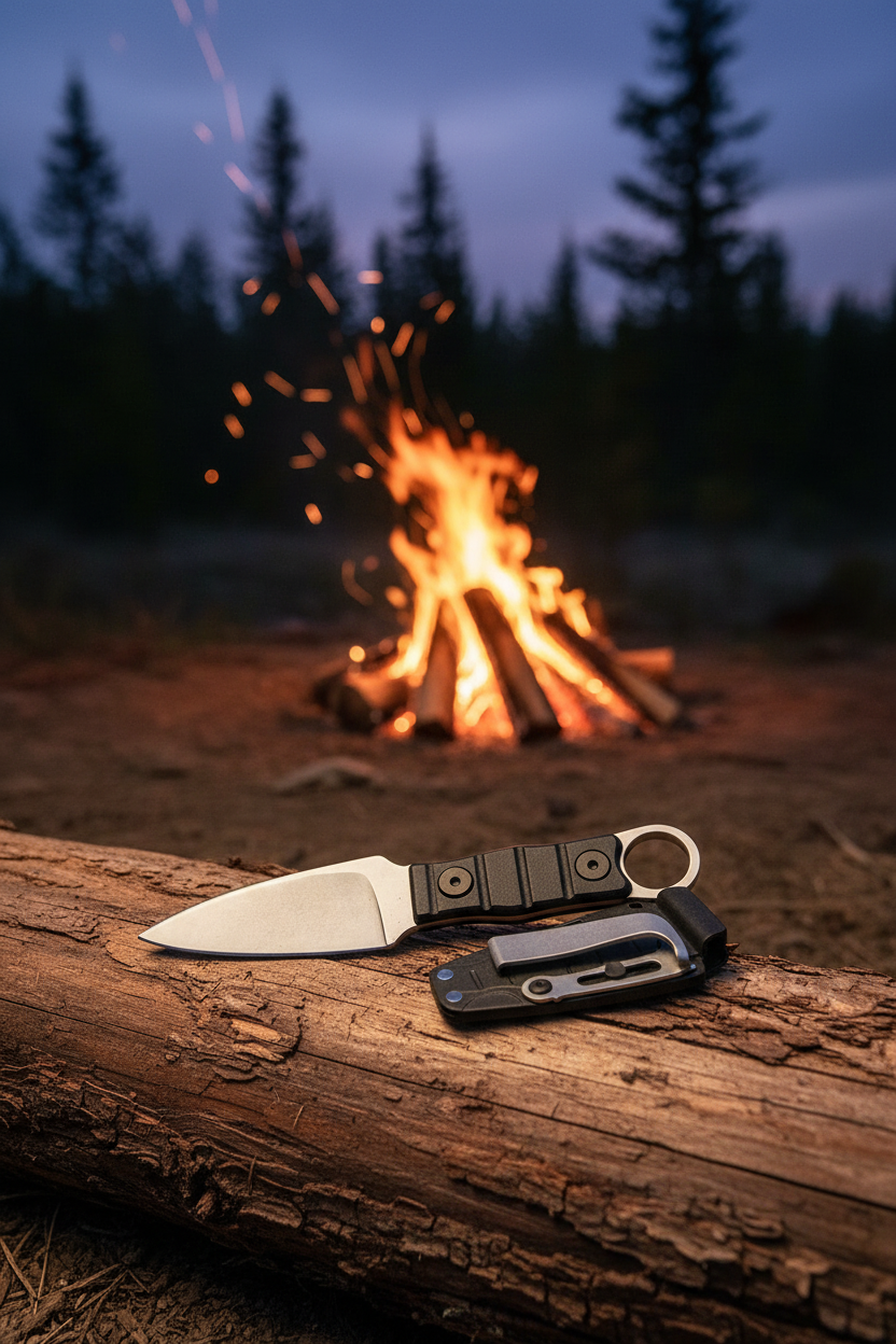 Knife on log campfire