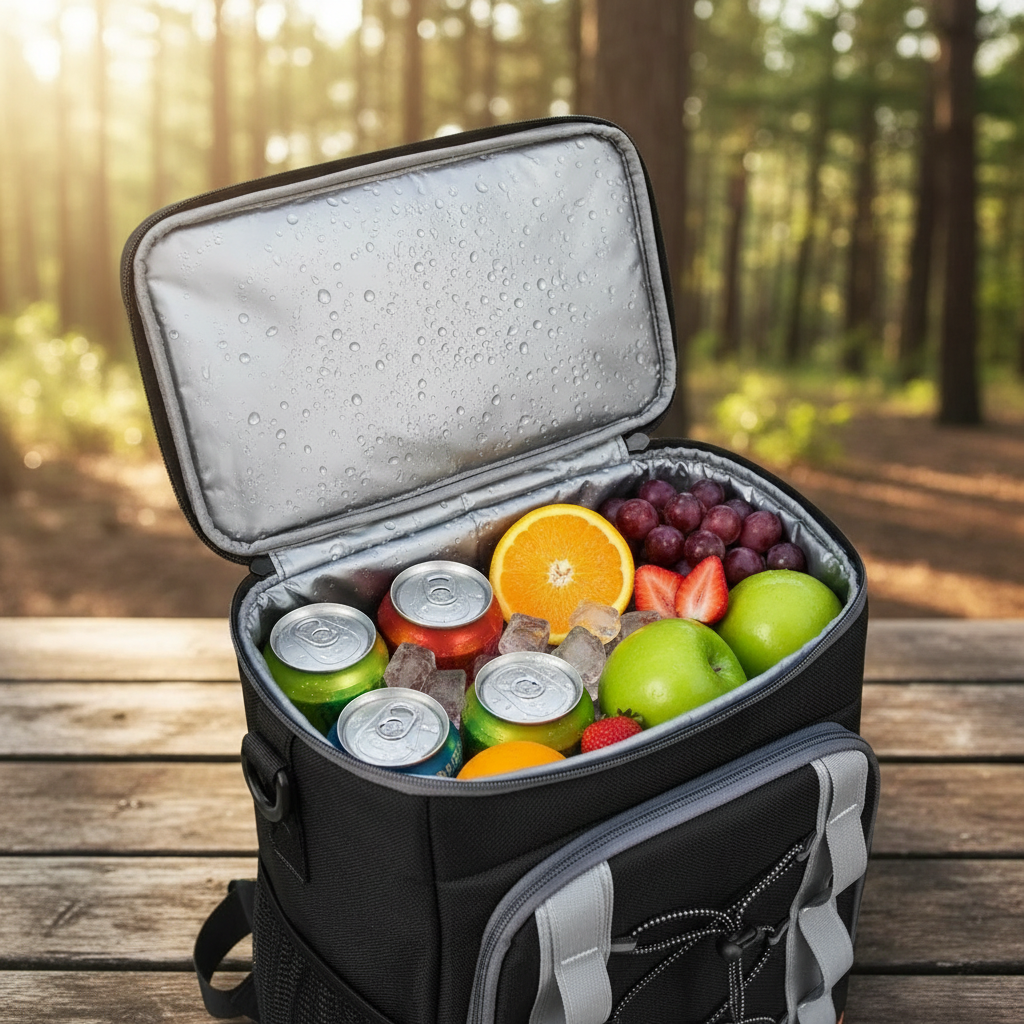 Open cooler backpack with food