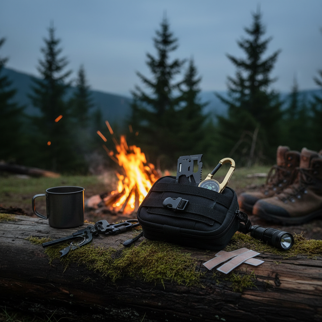 Pouch on log campfire