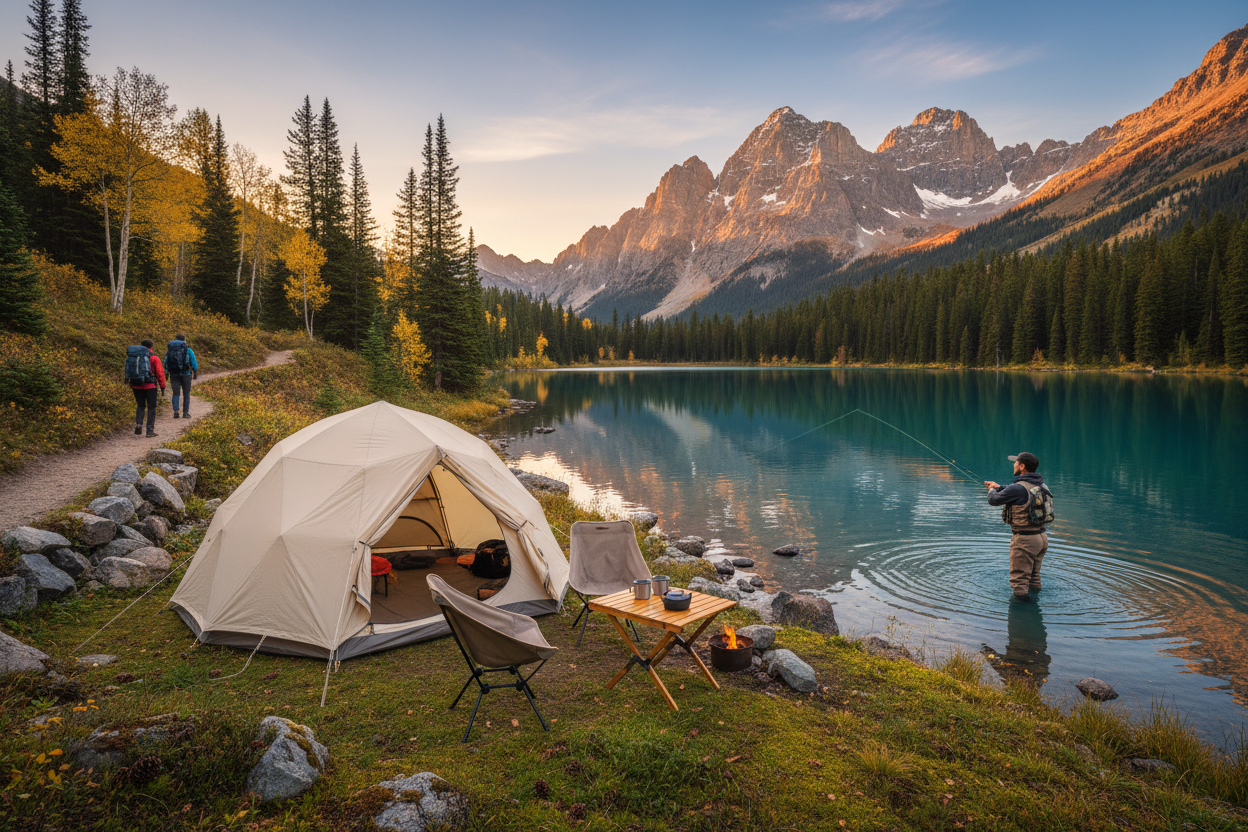 stvori cistu i perfektnu sliku za home page stranicu na vrhu, neka bude lifestayl kampovanje pecanje i planinarenje