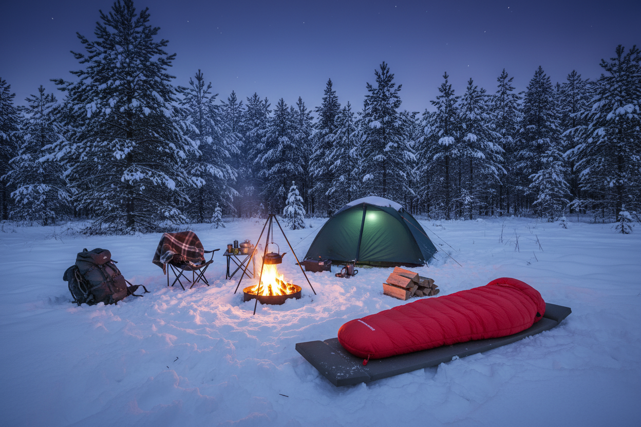 Winter forest campfire